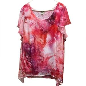 ONE WORLD Pink and Red Flutter Sleeve Blouse